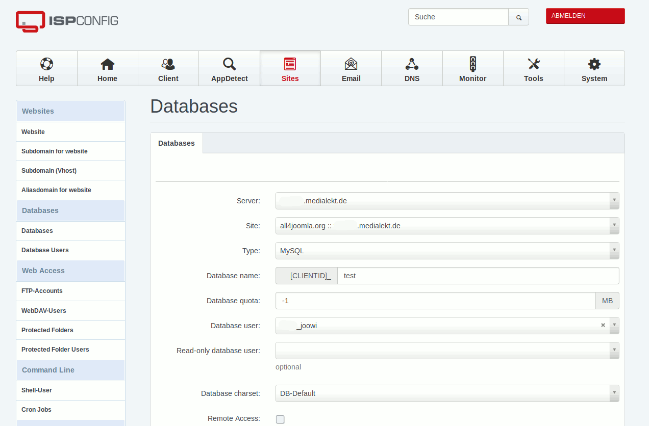 en ispconfig create database
