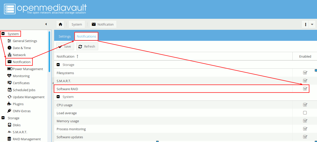 en nas openmediavault notifications